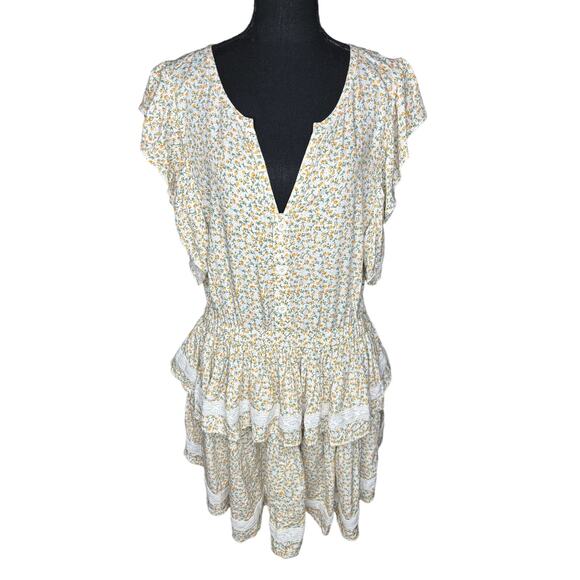Sokie Collective NWT The Mini Flicker Dress Yellow Green Floral Tiered Rayon L - Picture 2 of 10